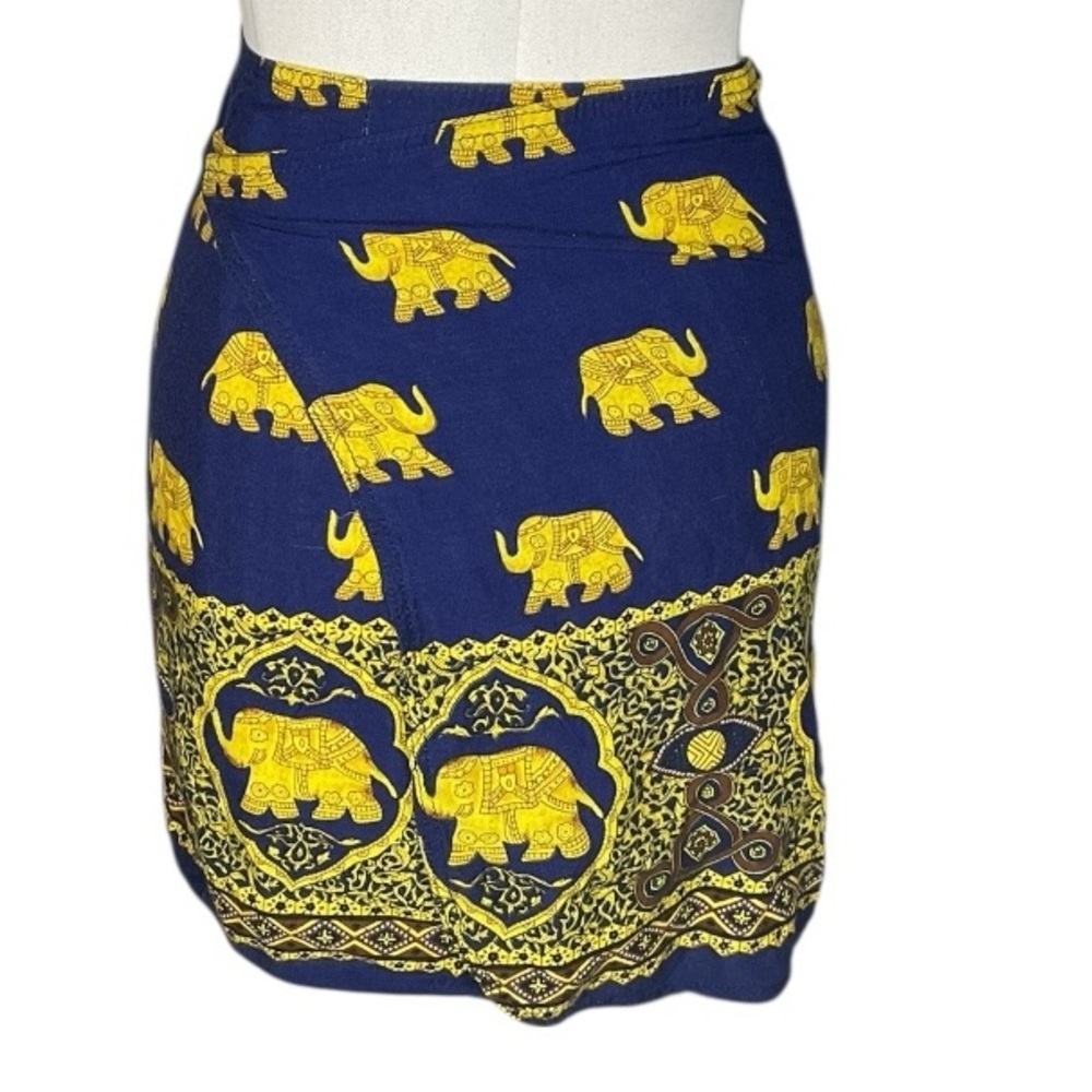 Boho Elephant Print Wrap Skirt Blue Yellow Festival Mini Skirt